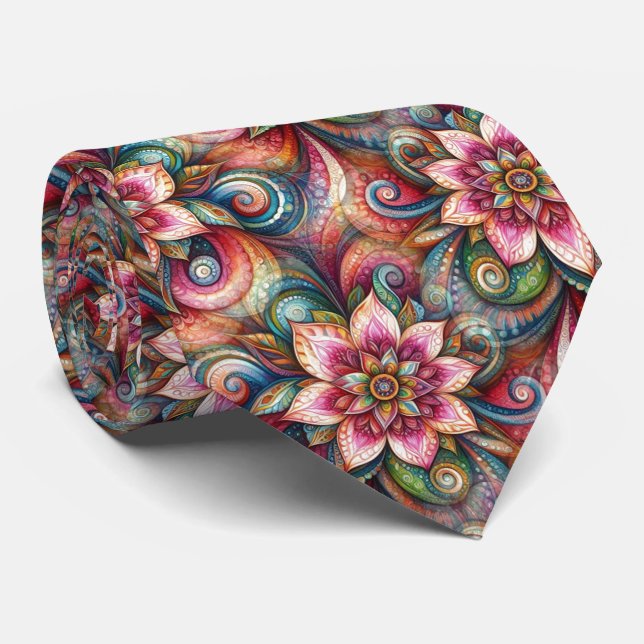 Cravate Rose Aqua Sarcelle Bleu Vert Orange Motif Paisley (Roulé)