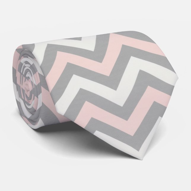 Cravate Rose, blanc cassé et gris clair en chevron  (Roulé)