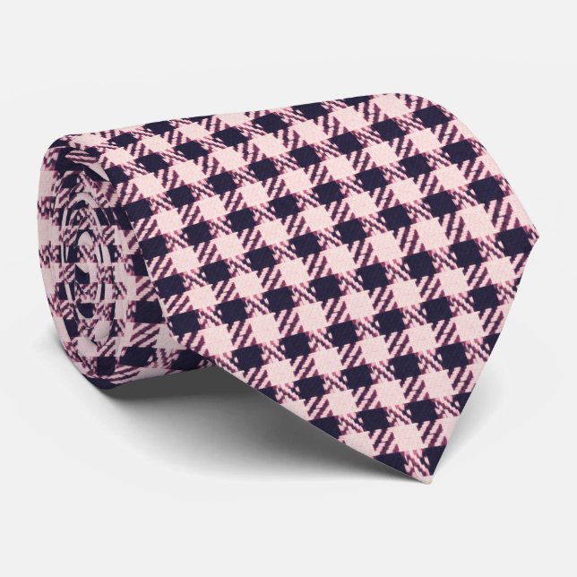Cravate Rose clair et bleu marine à carreaux houndstooth  (Roulé)