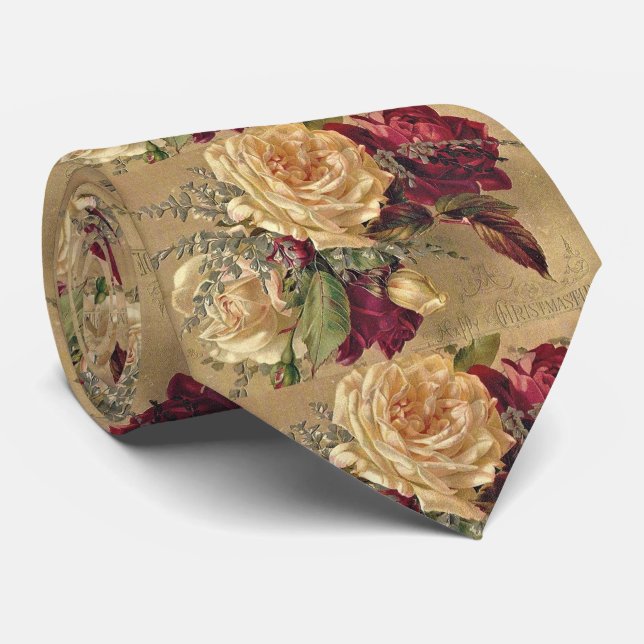 Cravate Rose de Noël Floral Or et Bourgogne  (Roulé)