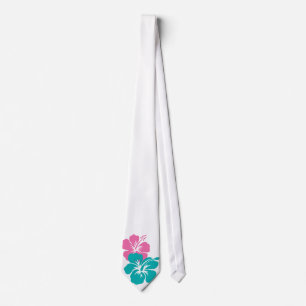 Cravate Rose et fleurs de ketmie de turquoise