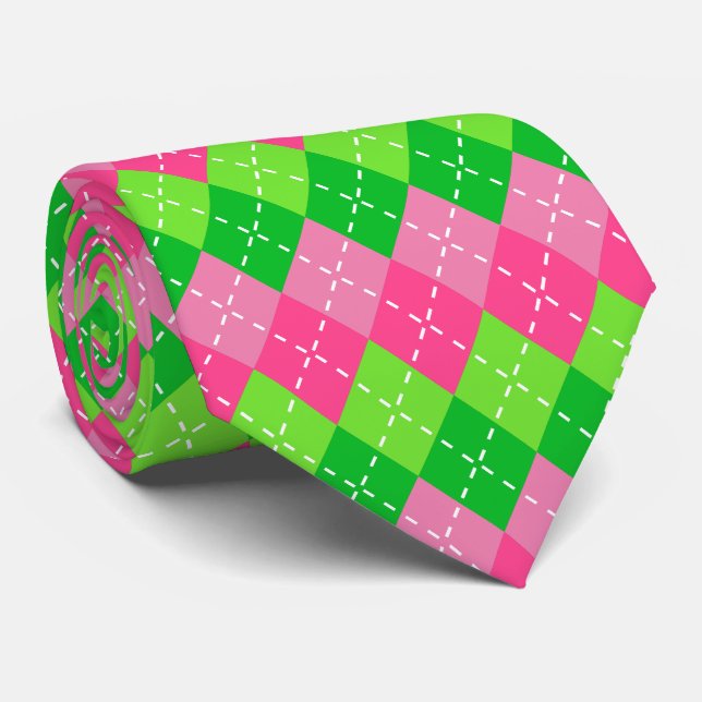 Cravate Rose et vert Argyle avec couture blanche (Roulé)