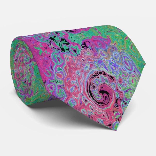 Cravate Rose et vert citron tourbillonnant abstrait rétro  (Roulé)