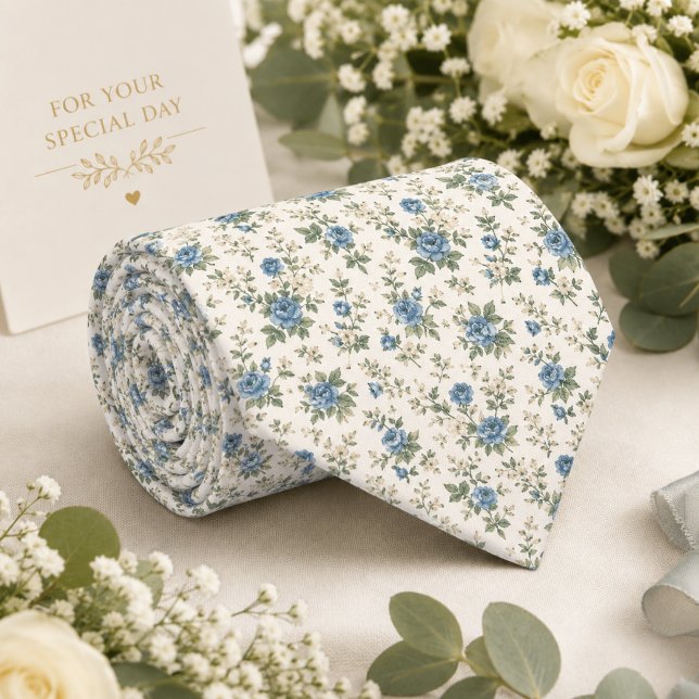 Cravate Rose Florale Bleu Poussiéreux (Créateur téléchargé)