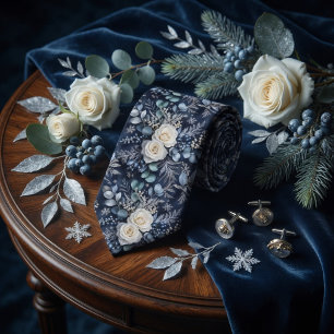 Cravate Rose Florale de Eucalyptus Luxe Bleu de Minuit d'H