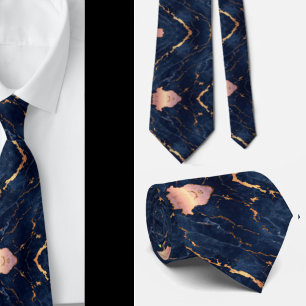 Cravate Rose Gold Feuille de Marbre Bleu Marine