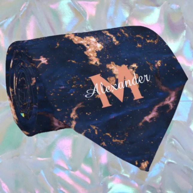 Cravate Rose Gold Feuille de Noyer Marine Monogramme (Créateur téléchargé)