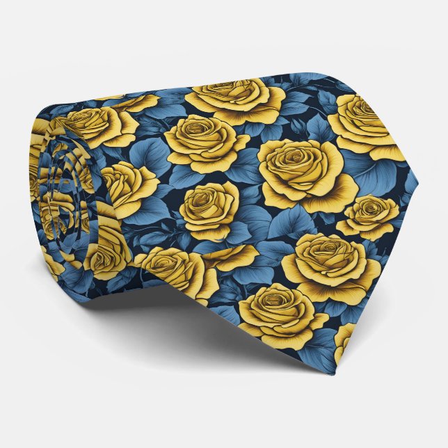 Cravate Rose jaune et Motif bleu marine (Roulé)