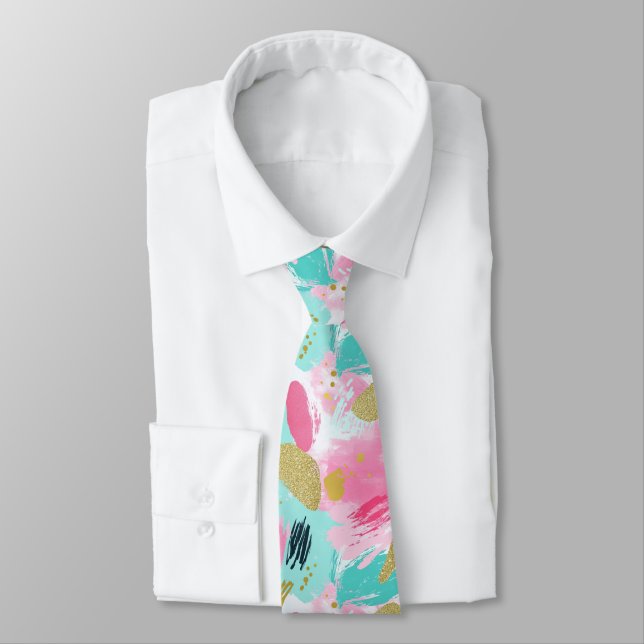 Cravate Rose Menthe Douce Or Printemps Abstrait Pinceaux (Attaché)
