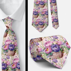 Cravate Rose Pâle Bleu Violet Pourpre Fleurs Floral