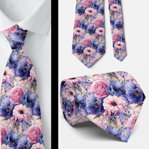Cravate Rose Pâle Bleu Violet Pourpre Fleurs Floral