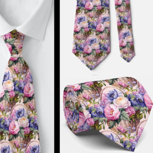 Cravate Rose Pâle Bleu Violet Pourpre Fleurs Floral