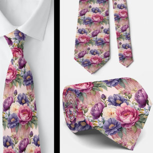 Cravate Rose Pâle Bleu Violet Pourpre Fleurs Floral