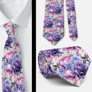 Cravate Rose Pâle Bleu Violet Pourpre Fleurs Floral