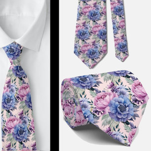 Cravate Rose Pâle Bleu Violet Pourpre Fleurs Floral