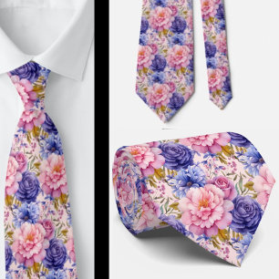 Cravate Rose Pâle Bleu Violet Pourpre Fleurs Floral