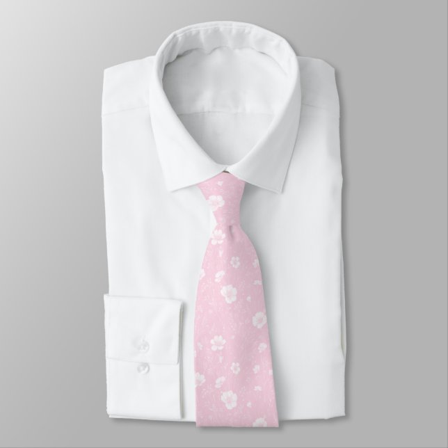 Cravate Rose Pâle et Motif de Fleurs Sauvages Blanches (Attaché)