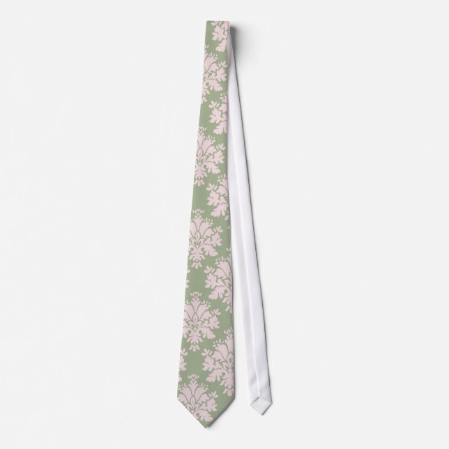 Cravate rose pâle sur sauge vert orné damassé motif (Devant)