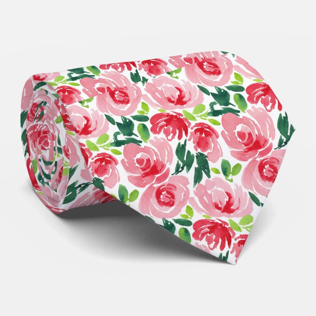 Cravate Rose Pâle Vibrant et Rouge Juteux Fleur Abstract (Roulé)
