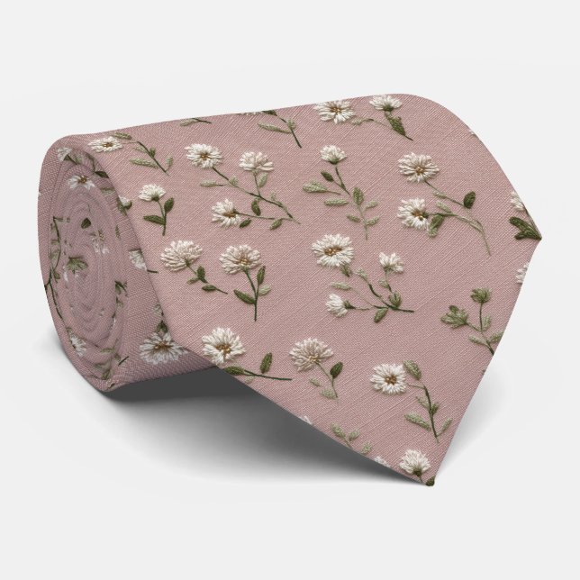 Cravate Rose Poussiéreuse Trèfle Blanc Mariage Personnalis (Roulé)