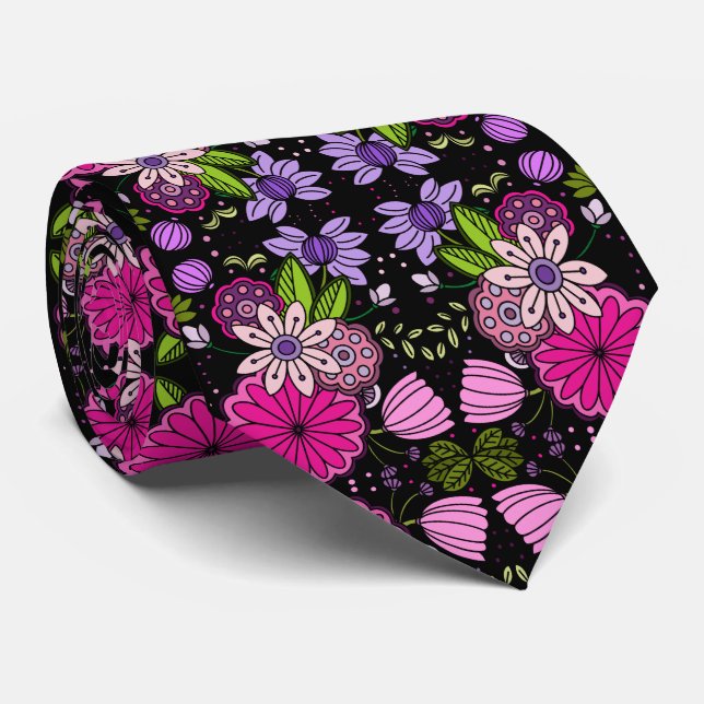 Cravate Rose Violet Floral Jardin Folk Art Sur Noir (Roulé)