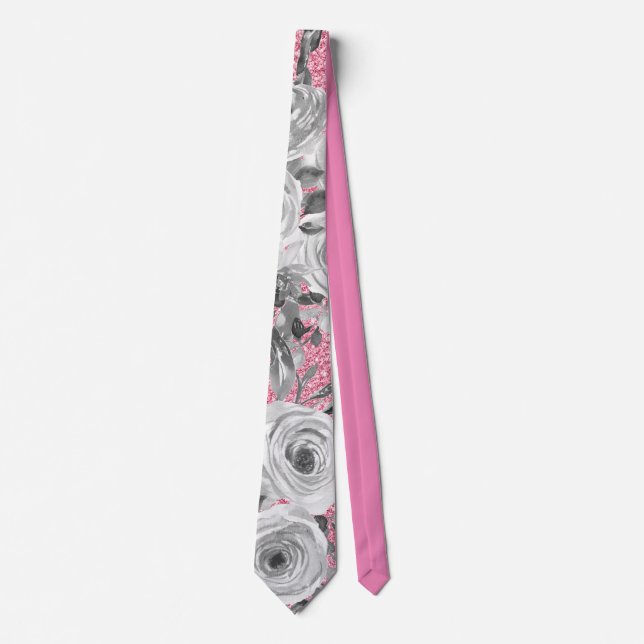 Cravate Roses aquarelle en gris et blanc sur Parties scint (Devant)