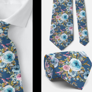 Cravate Roses aquarelles florales rose blush bleu marine