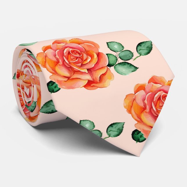 Cravate Roses d'aquarelle rose vert Peach (Roulé)