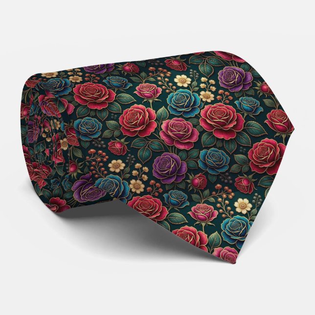 Cravate Roses Faux Soie | Tons de Bijoux + Gentleman en Or (Roulé)