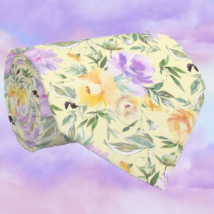 Cravate Roses Florales Aquarelle Jaune et Violet de Lavand