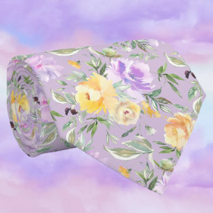 Cravate Roses florales aquarelles jaune et violet de lavan
