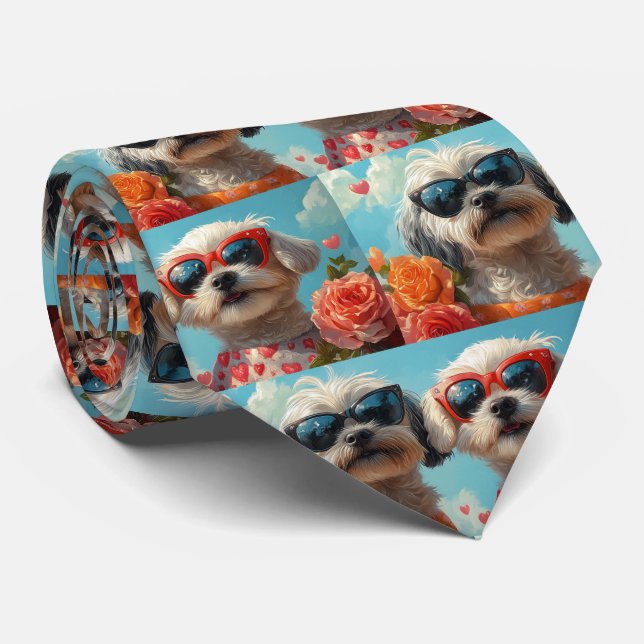 Cravate Roses Maltese avec cœur pour la Saint-Valentin  (Roulé)