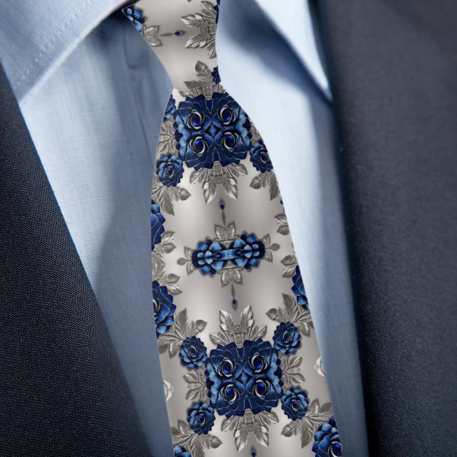 Cravate Roses Métallisées Argent Brossé et Bleu (Créateur téléchargé)