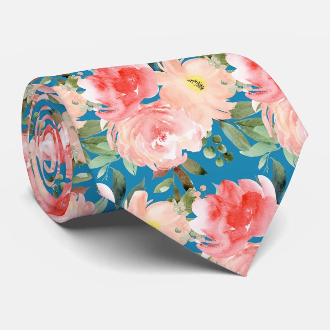 Cravate Roses Pivoines Eucalyptus Aquarelle Blush (Roulé)