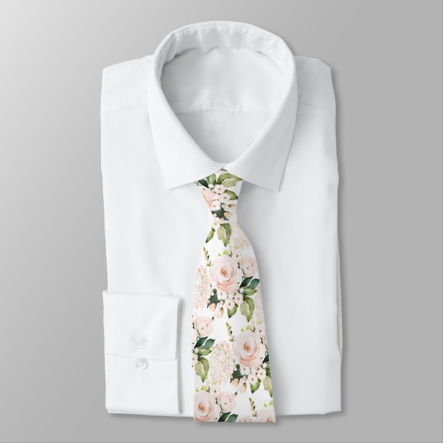 Cravate Roses Pivoines Hydrangeas Aquarelle Blush (Attaché)