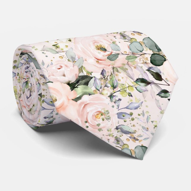 Cravate Roses Pivoines Hydrangeas Aquarelle Blush (Roulé)