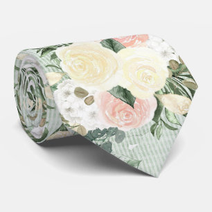 Cravate Roses roses et crème sur fond vert