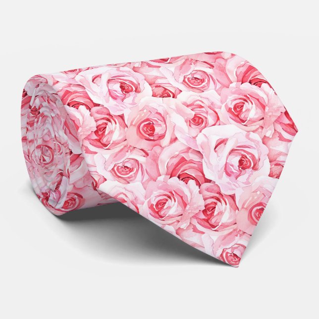 Cravate Roses roses fuchsia rose en aquarelle (Roulé)