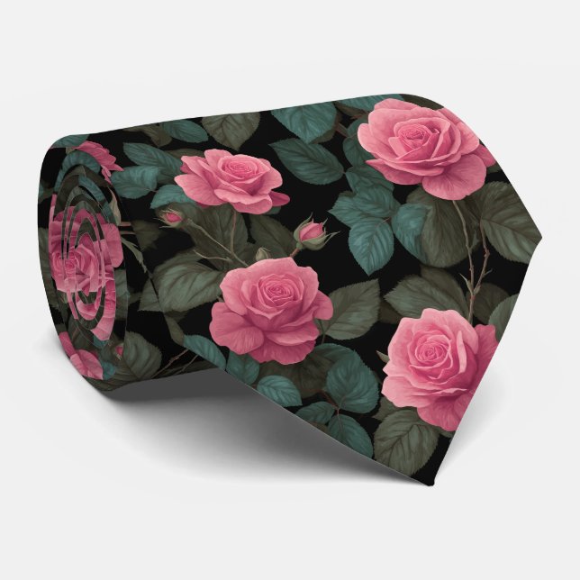 Cravate Roses roses sur motif floral noir (Roulé)