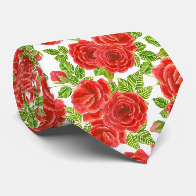 Cravate Roses rouges aquarelle transparente motif (Roulé)