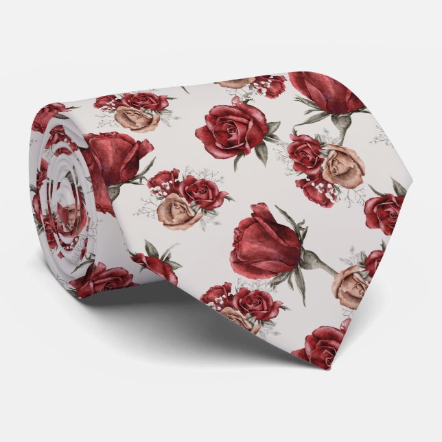 Cravate Roses rouges et dorées sur fond blanc (Roulé)