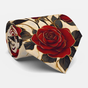 Cravate Roses rouges et dorées sur fond crémeux