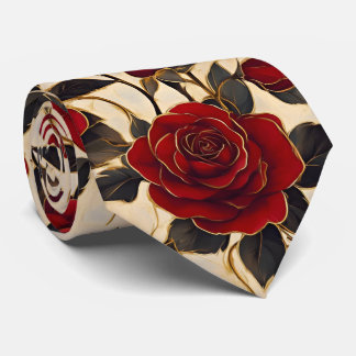 Cravate Roses rouges et dorées sur fond crémeux