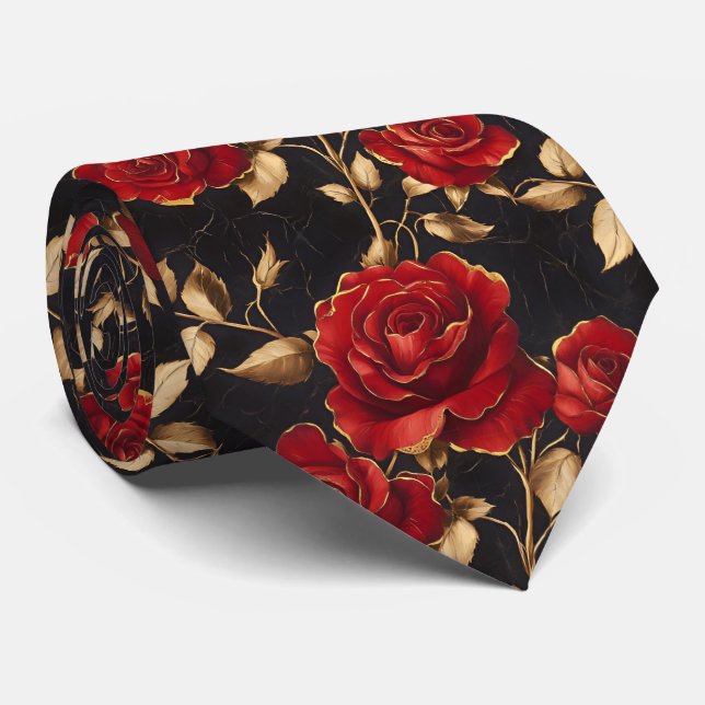 Cravate Roses rouges et dorées sur fond noir (Roulé)
