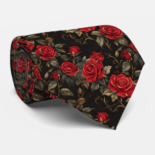 Cravate Roses rouges et dorées sur fond noir