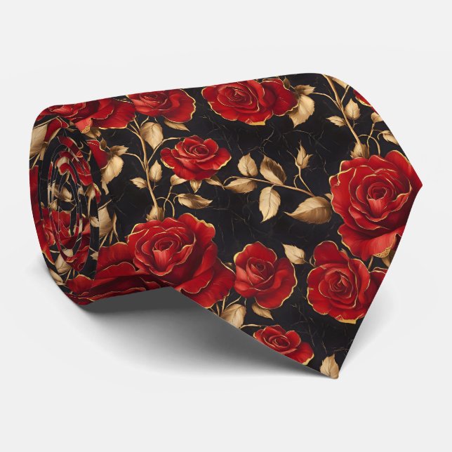 Cravate Roses rouges et dorées sur fond noir (Roulé)