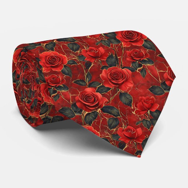 Cravate Roses rouges et dorées sur fond rouge (Roulé)