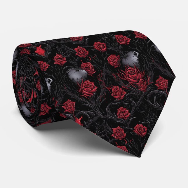 Cravate Roses rouges gothiques vignes noires (Roulé)