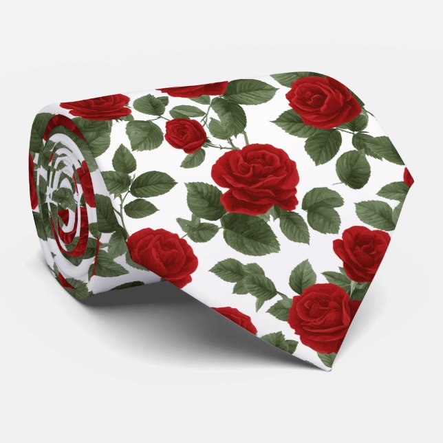 Cravate Roses rouges profondes avec feuilles motif sans co (Roulé)