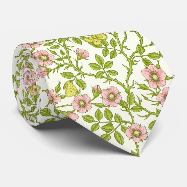 Cravate Roses sauvages et papillons /rose/vert pâle/jaune (Roulé)